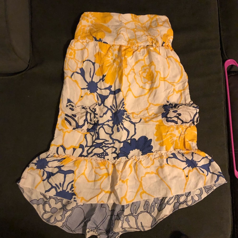 Yellow cream and blue high low strapless dress